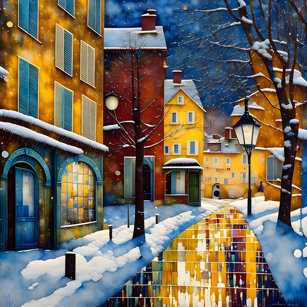 Colorful Winter Scene with Glowing Houses and Snow-covered Trees