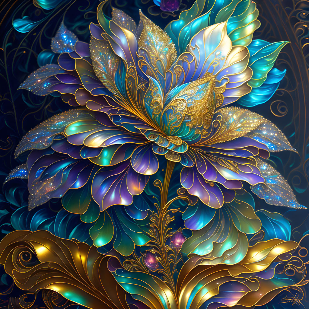 Vibrant iridescent flower with blue and golden petals on dark ornate backdrop