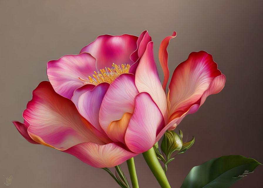 Close-up of delicate pink rose with creamy yellow base and deep pink edges