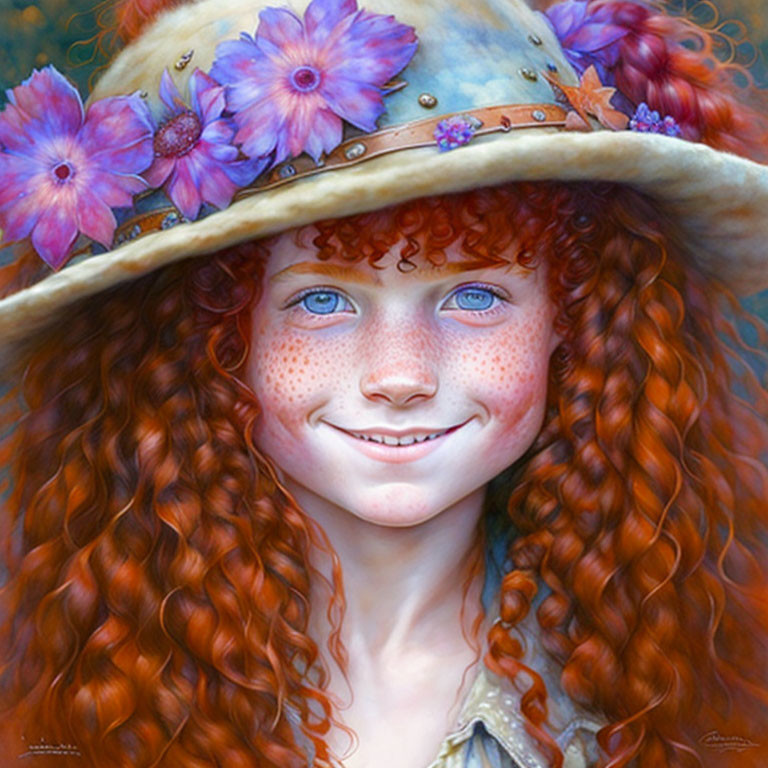 Smiling girl with curly red hair and freckles in purple flower hat