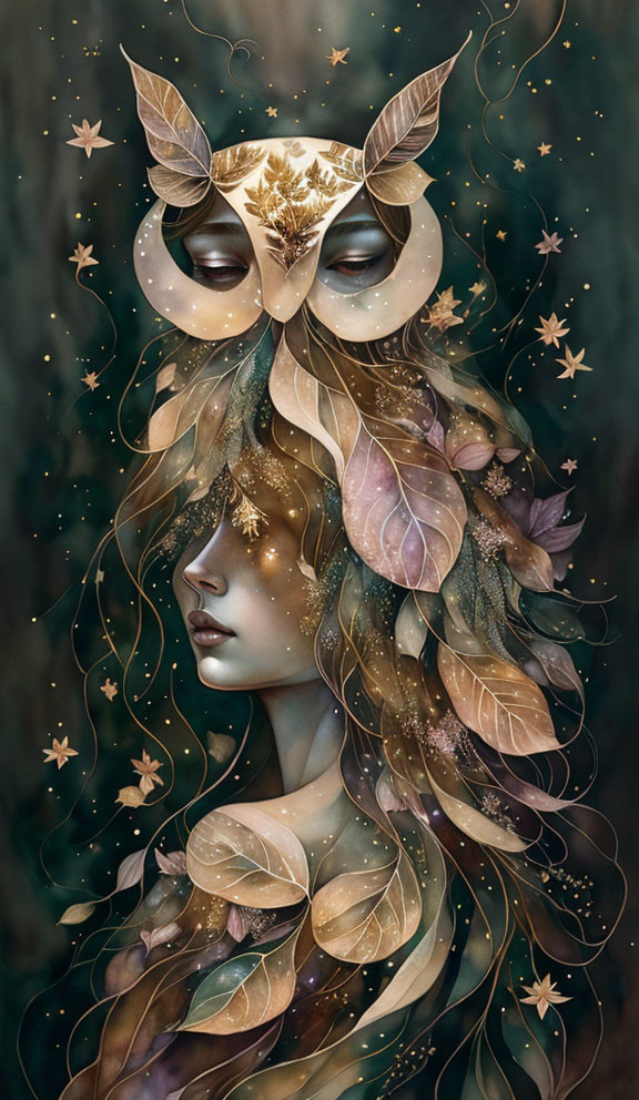 Illustration of woman with owl mask in celestial setting