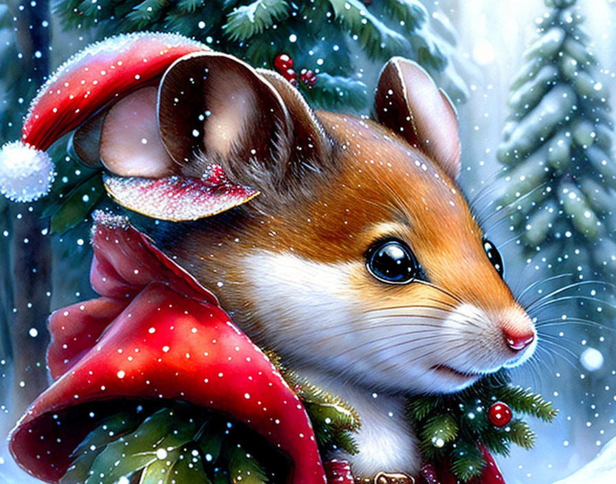 Whimsical illustration of cute mouse in winter setting