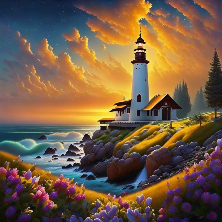 White lighthouse with red roof by the sea at sunset with flowers and dramatic sky