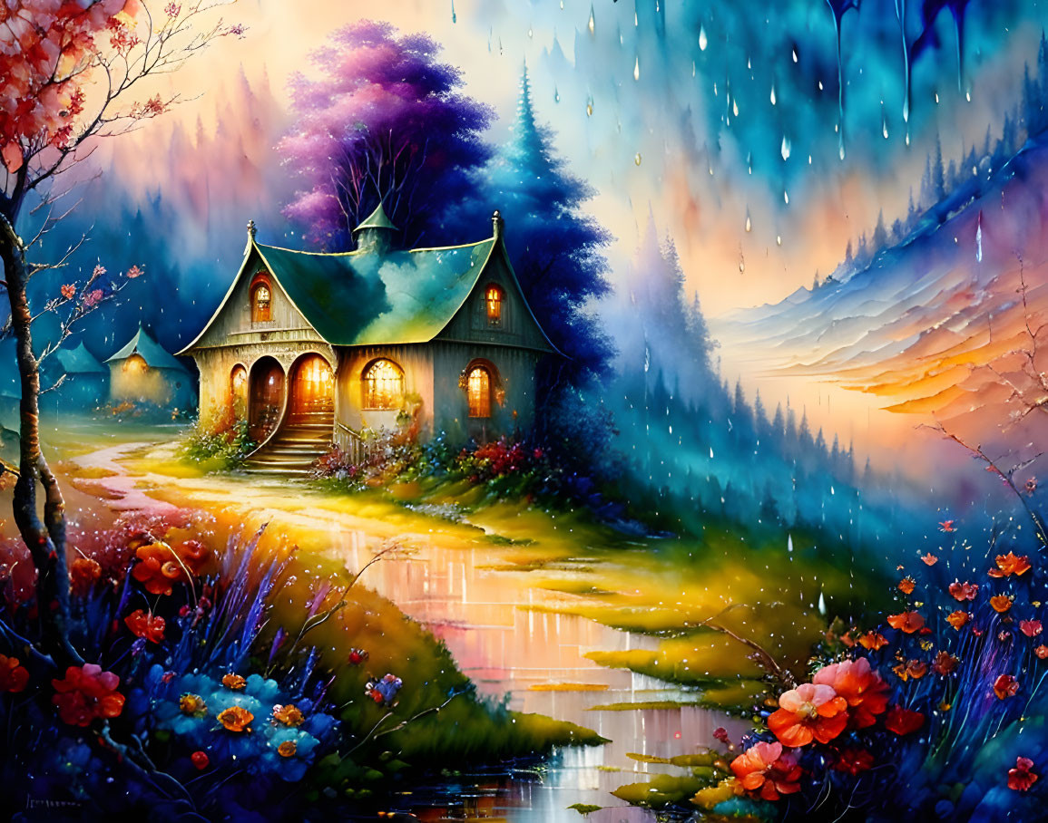 Colorful painting of cozy cottage in lush forest under starry sky