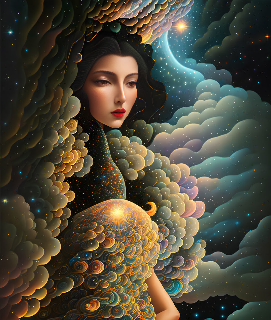 Surrealist portrait of woman with celestial elements and starry background