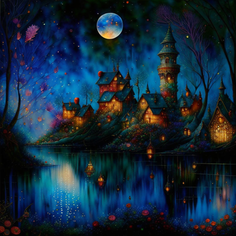 Luminous full moon illuminates mystical village by serene lake