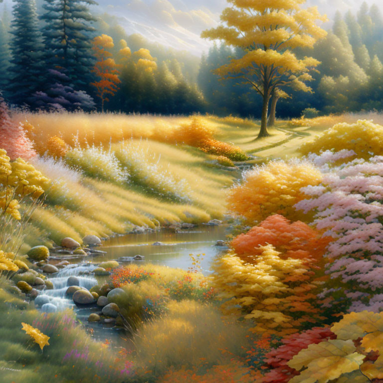 Tranquil landscape with autumn trees and babbling brook