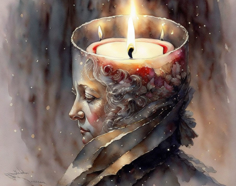 Watercolor painting: Candle wax forms woman's face on warm, tranquil background