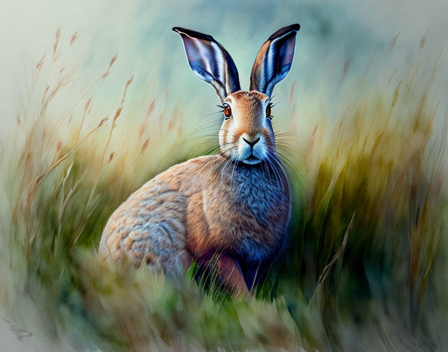 Brown hare with large ears in grassy field with soft-focus background