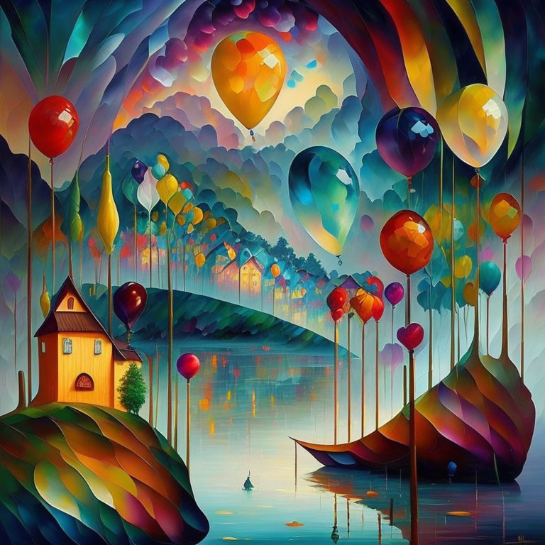 Colorful hot air balloons and whimsical landscape with stylized houses, water reflections, and dreamy