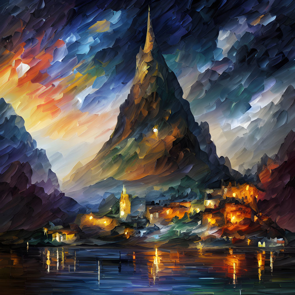 Impressionistic painting of mountainous lakeside village at dusk