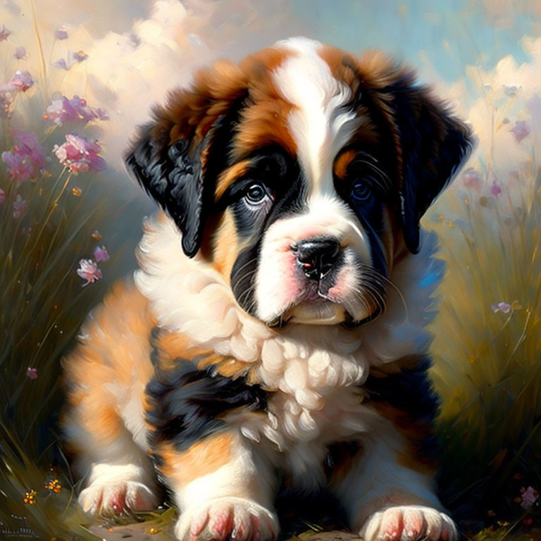 Fluffy Saint Bernard Puppy Surrounded by Blooming Flowers