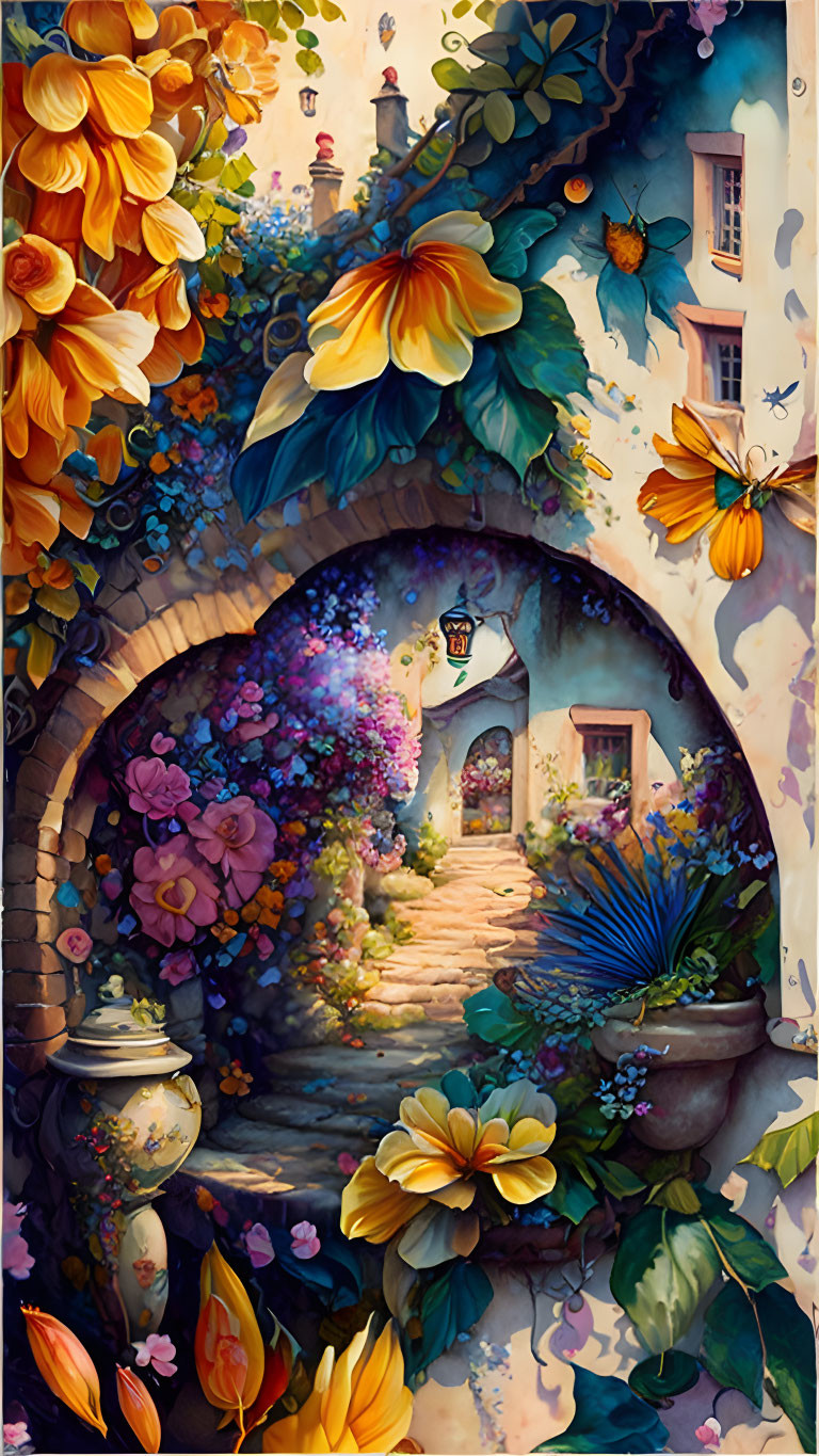 Enchanting garden path with arched entry and vibrant flowers leading to cottage