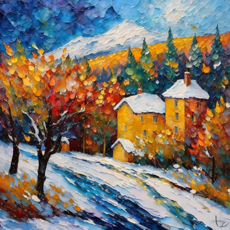 Yellow Cottage in Autumn Snowscape with Vibrant Brush Strokes