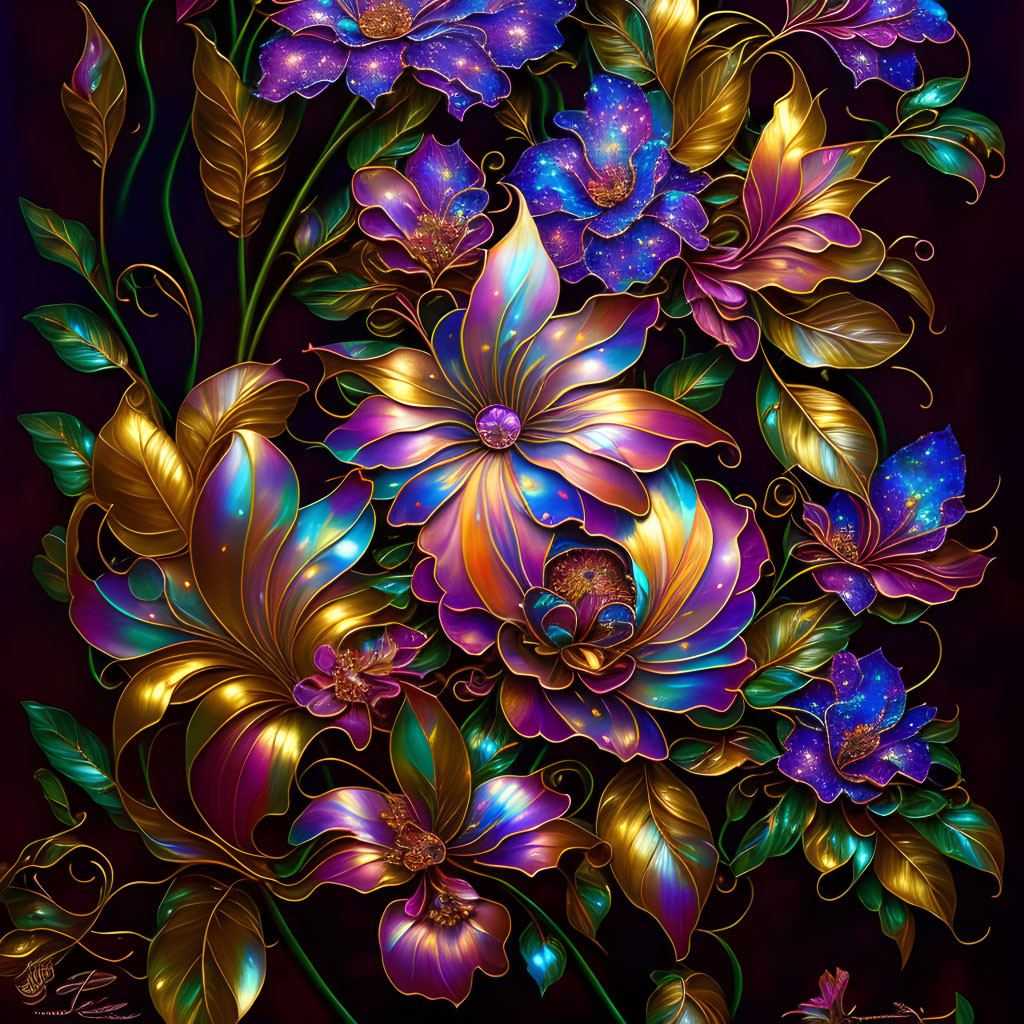 Colorful digital artwork: Luminescent flowers and leaves with golden accents on dark backdrop