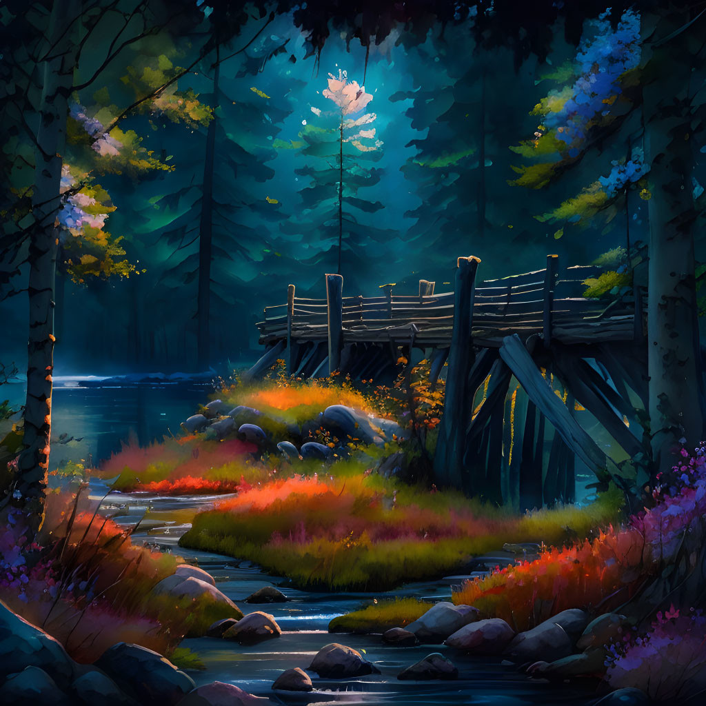 Rustic wooden bridge in vibrant forest scene