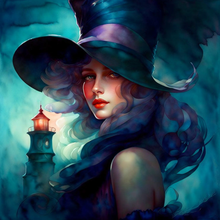 Fantasy portrait of a woman with large hat and lighthouse in blues and greens