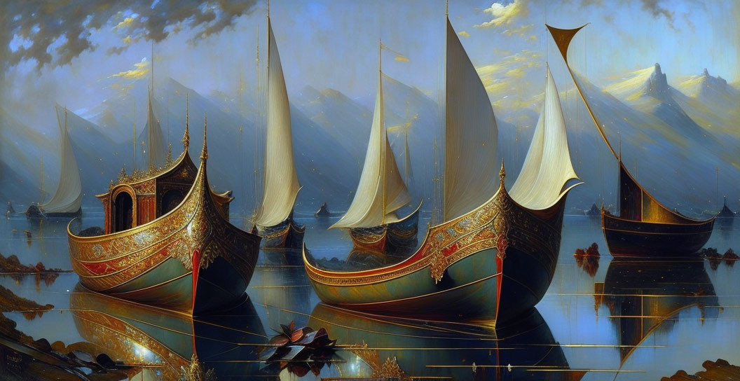 Gilded ships with billowing sails on tranquil water against misty mountains