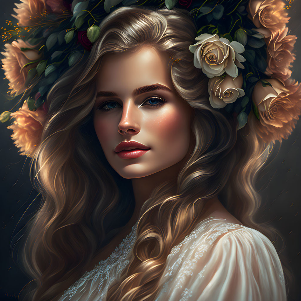 Detailed digital portrait of a woman with wavy hair and floral wreath