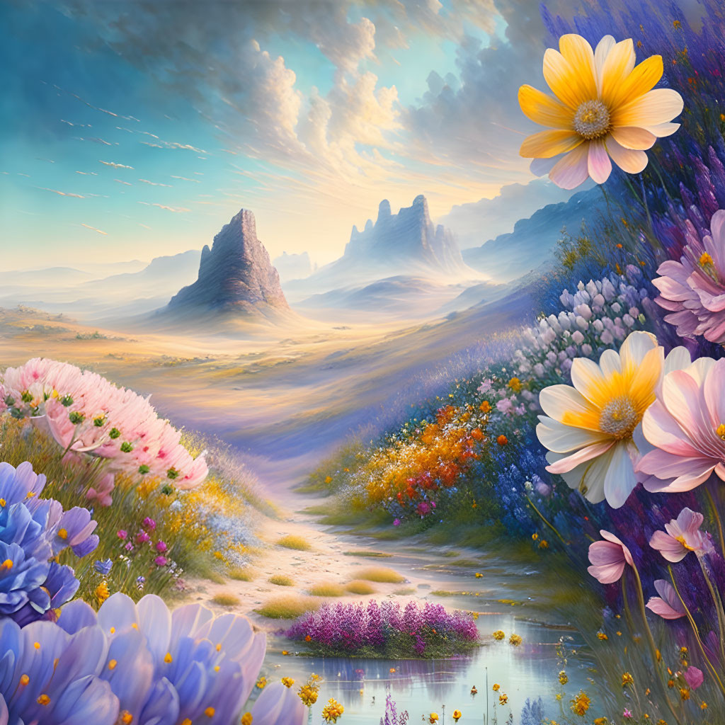 Colorful Flower Field Landscape with Rock Formations and Cloudy Sky