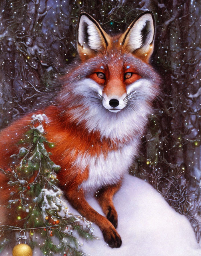 Detailed Red Fox Illustration in Snowy Scene