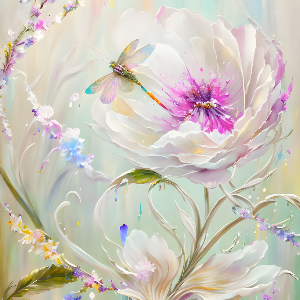 Colorful floral painting with white flower, pink center, smaller blossoms, and dragonfly.