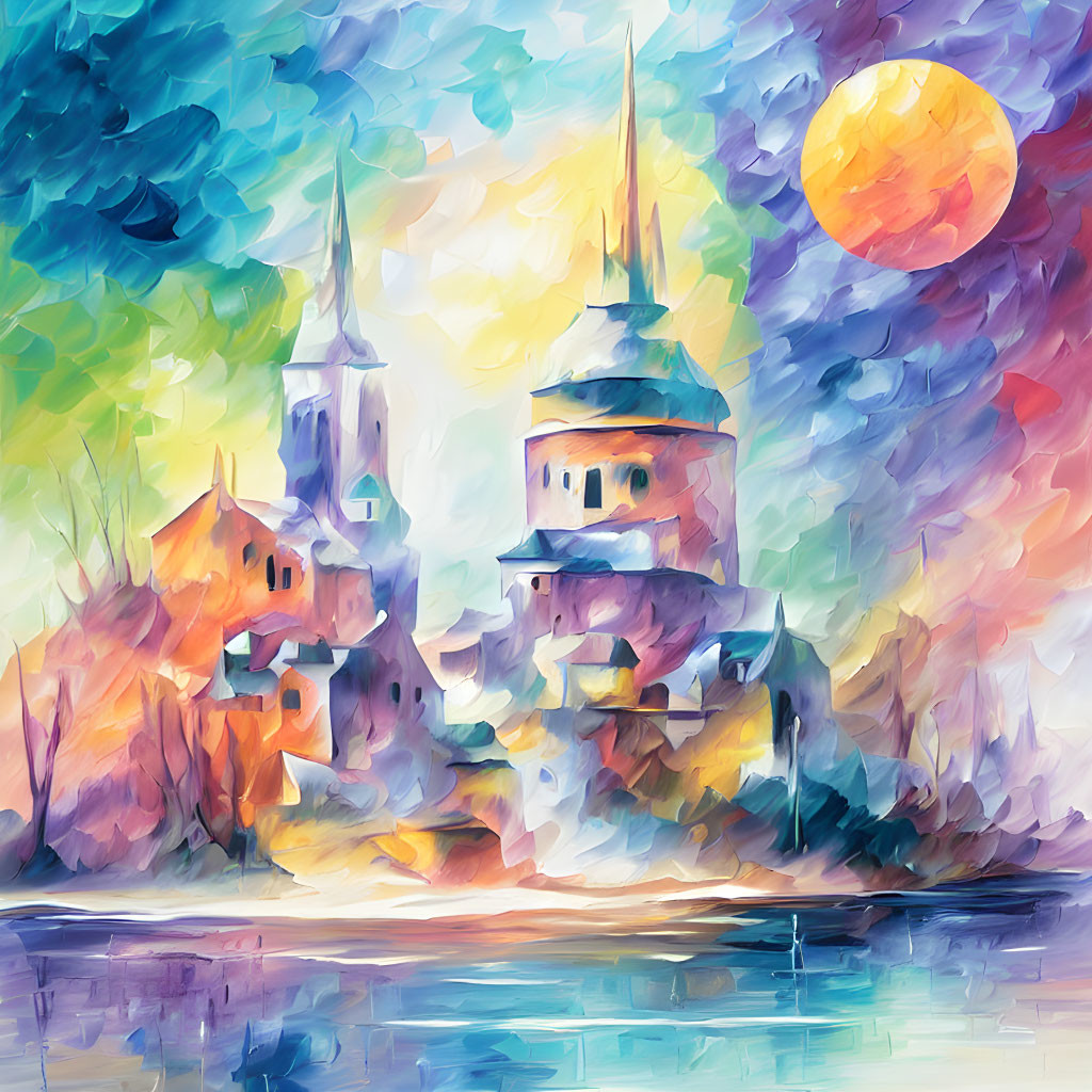 Colorful Impressionistic Painting of Lakeside Village with Sunlit Sky