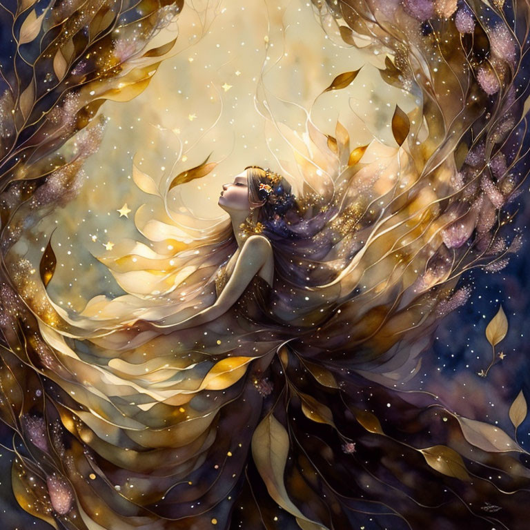 Woman surrounded by leaves and stars in warm gold and brown palette