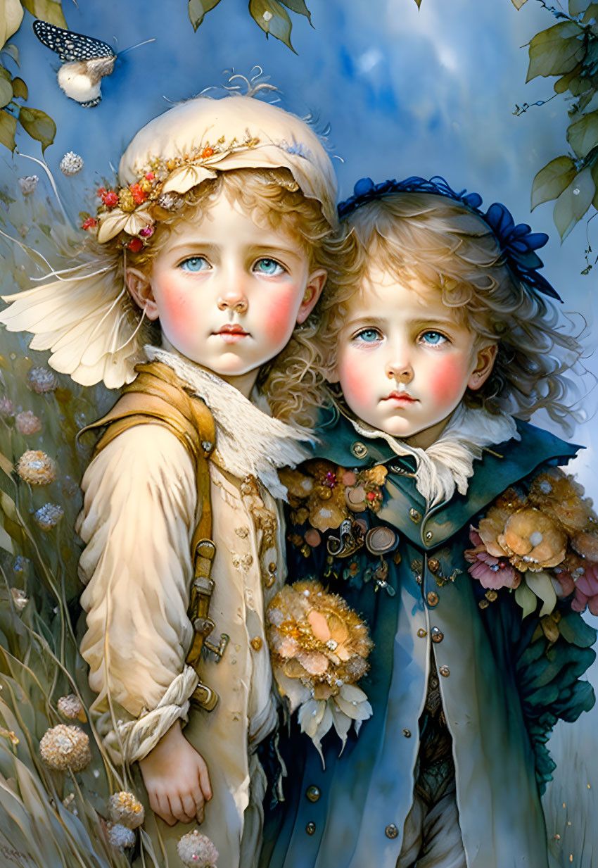 Angel Children with Wings and Floral Adornments in Blue Setting