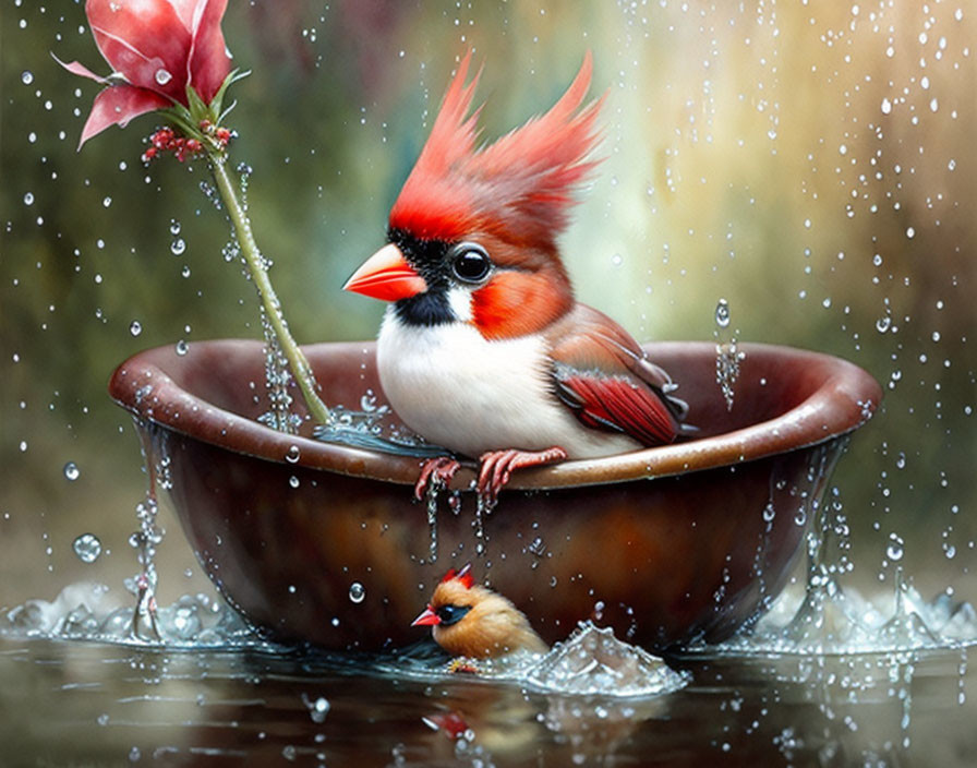 Vibrant cardinal bird bathing in small brown bowl with water droplets and lush green backdrop