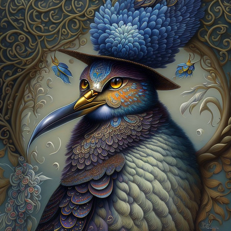 Stylized bird with intricate feather patterns in an elegant hat on floral background