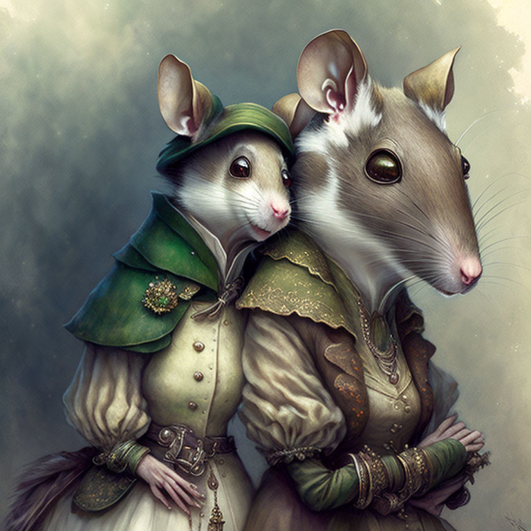 Anthropomorphic mice in Renaissance attire posing intimately