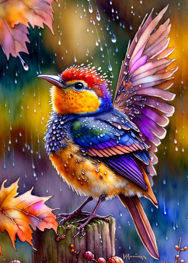 Colorful Bird Illustration with Outstretched Wings on Branch in Rainy Autumn Scene