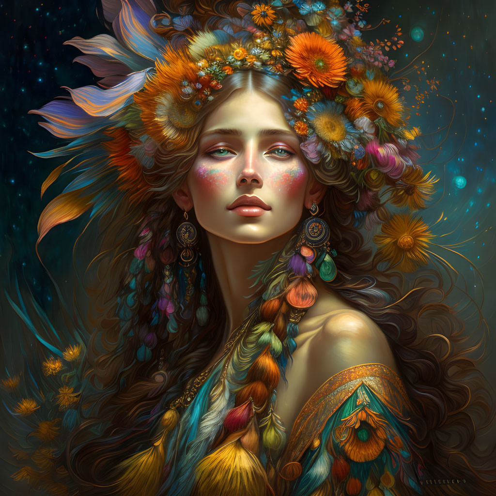 Vibrant floral headdress digital portrait with warm colors