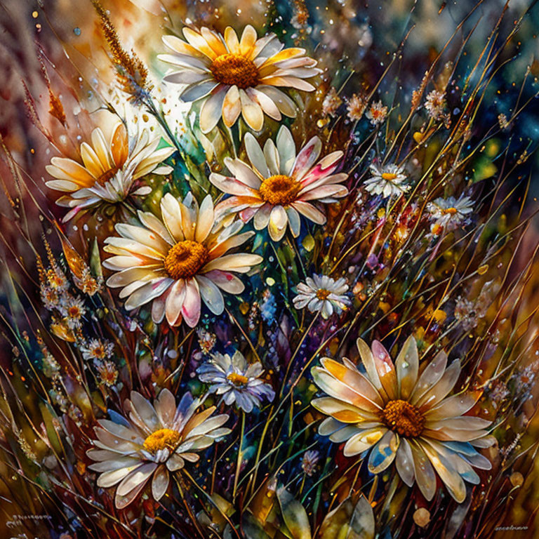 Vivid painting of dew-kissed daisies in serene meadow