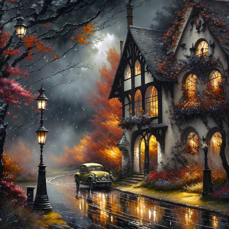 Tudor-style house on wet cobblestone street with vintage lamps, autumn trees, classic car