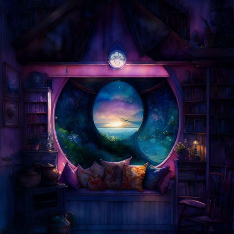 Circular window frames tranquil sunset seascape in cozy room with bookshelves.