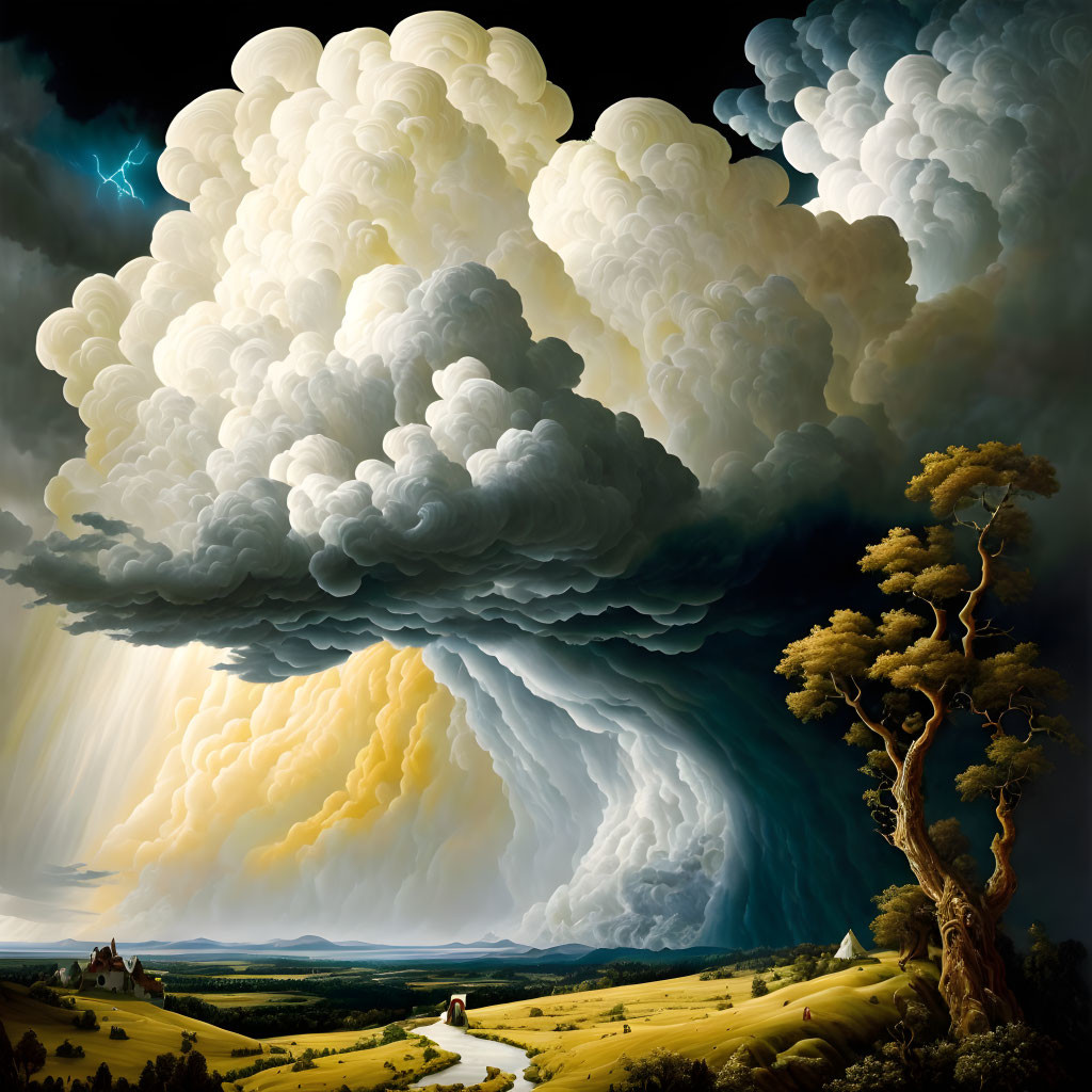 Dramatic landscape painting of storm with lightning and lone tree