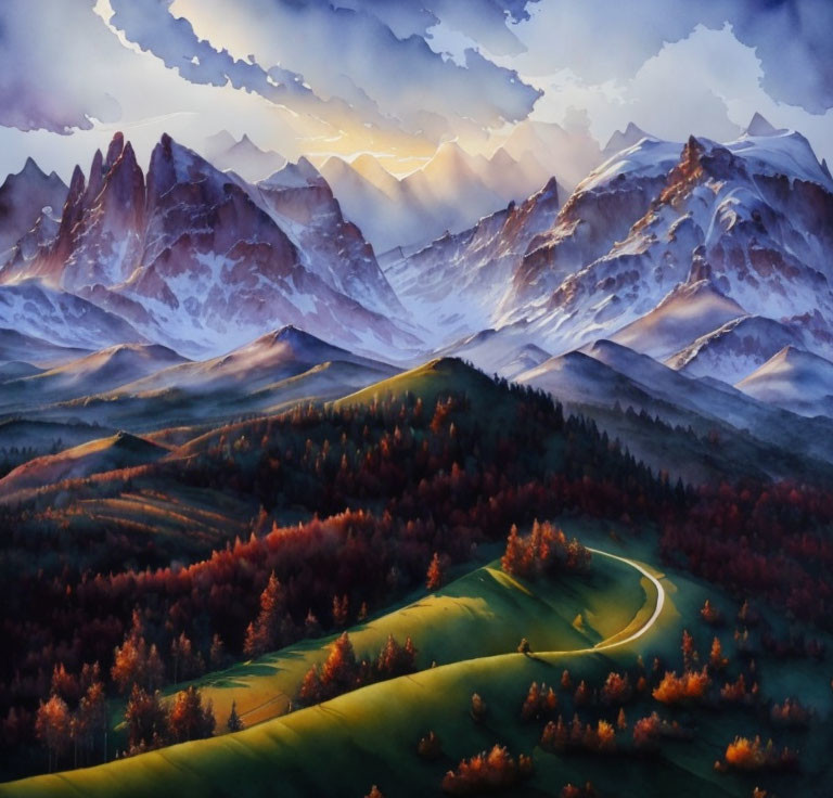 Scenic landscape painting of meandering road through green hills, autumn trees, and snowcapped mountains