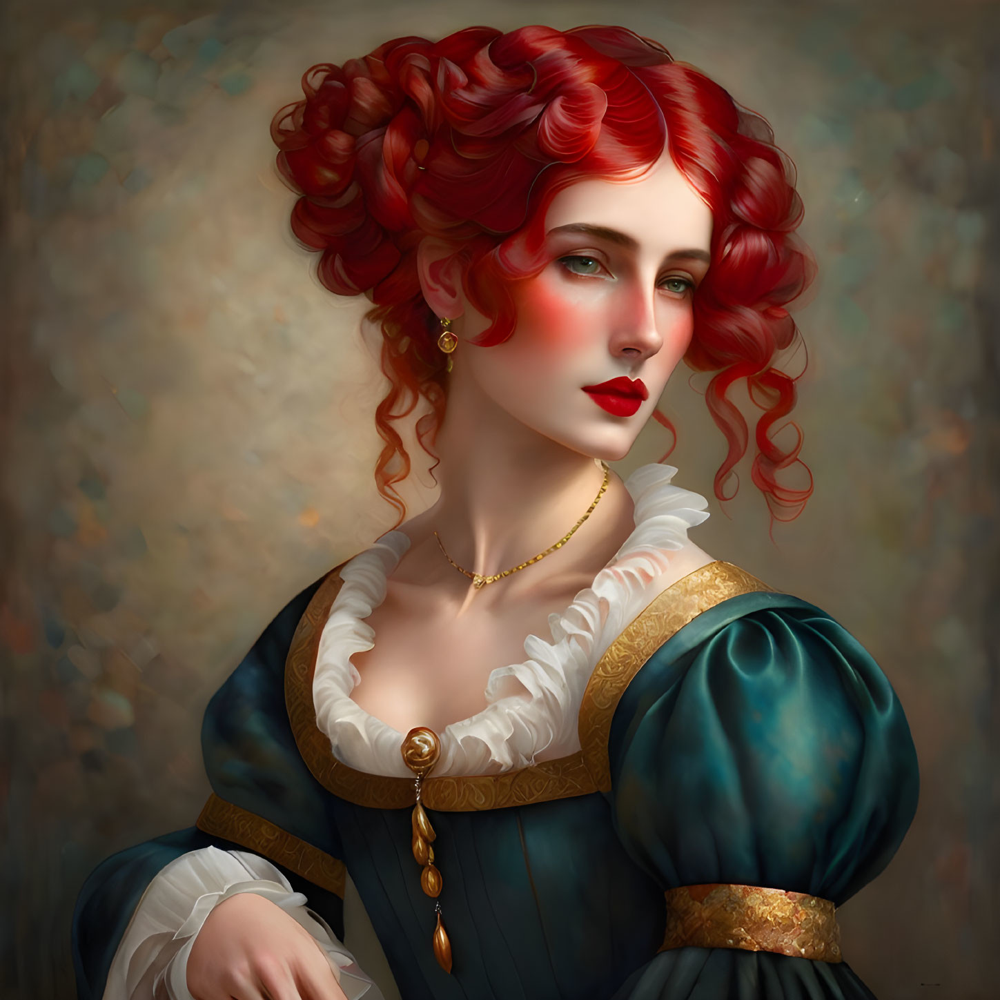 Vibrant red-haired woman in teal dress with gold accents