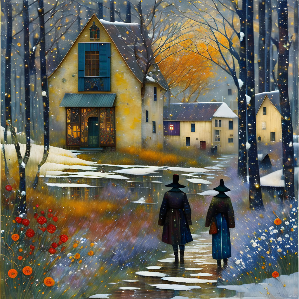 Couple in coats walking in snowy autumnal landscape with colorful flowers and twilight sky