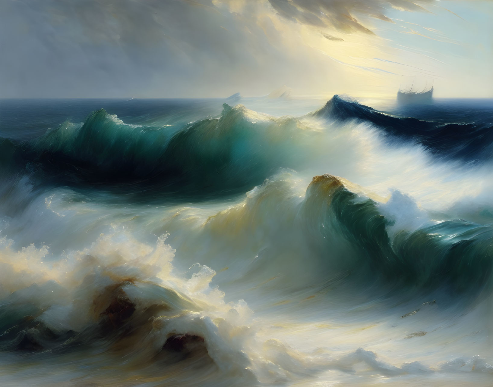 Dramatic seascape painting with tumultuous waves and ship on horizon