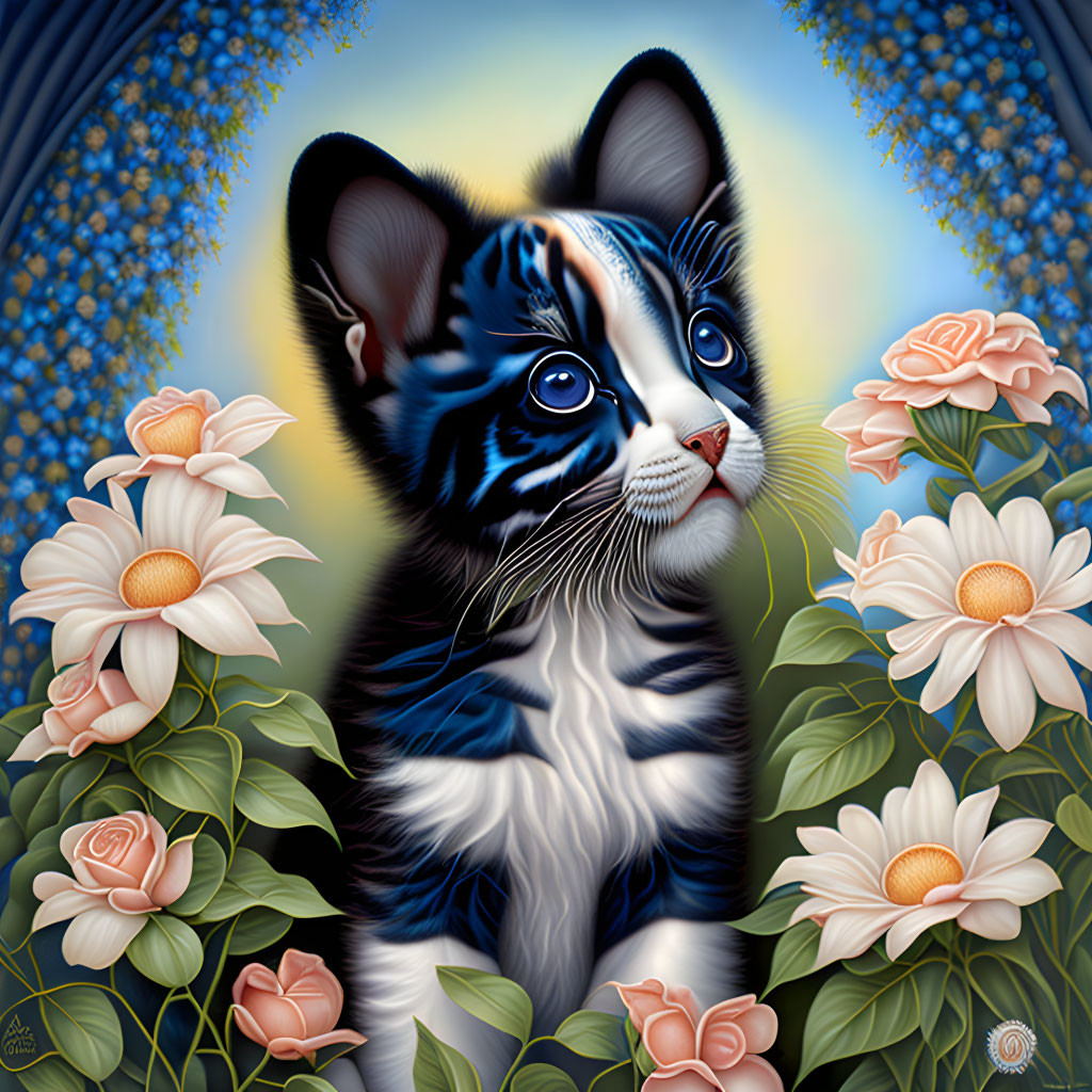 Colorful Illustration of Blue-Eyed Kitten Surrounded by Flowers