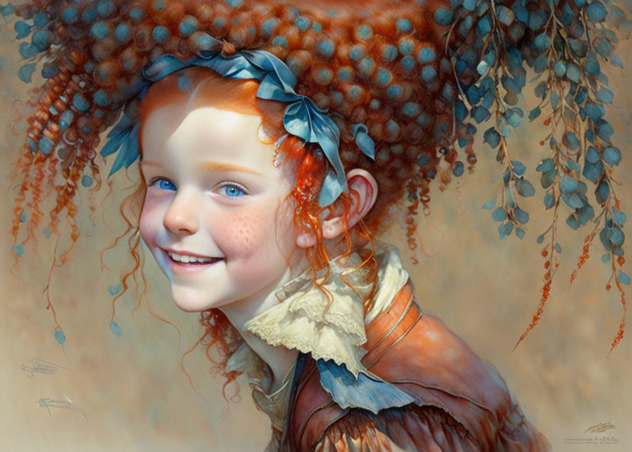 Smiling girl with red hair and blue headband in autumn setting