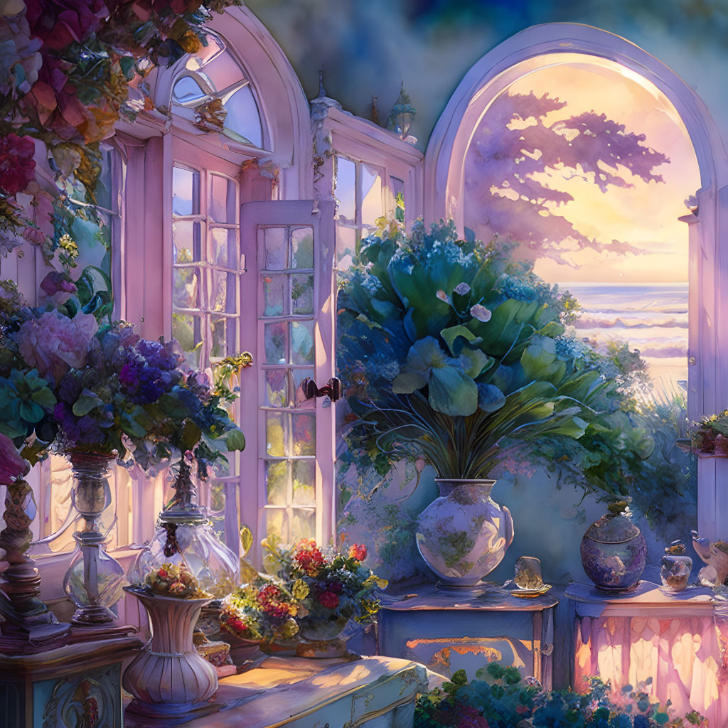 Colorful seaside view through ornate window with sunset sky and lush plants