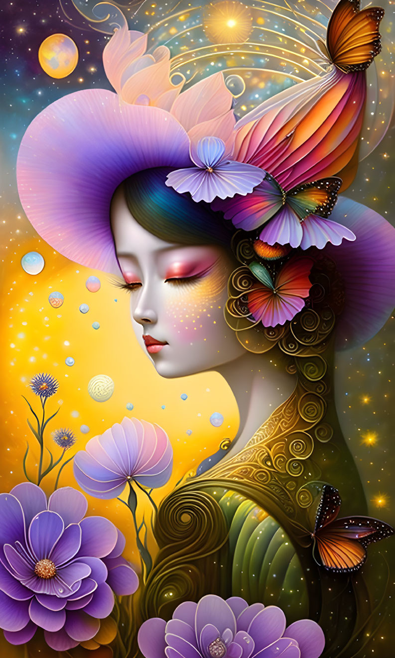 Colorful Stylized Woman Artwork with Floral and Celestial Theme