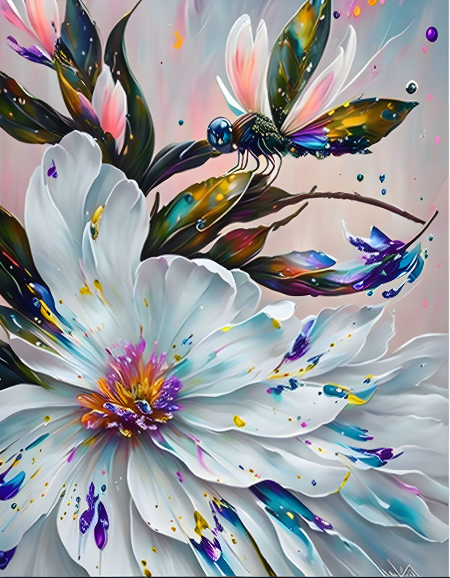 Colorful digital painting of white flower and fantasy hummingbird on grey background