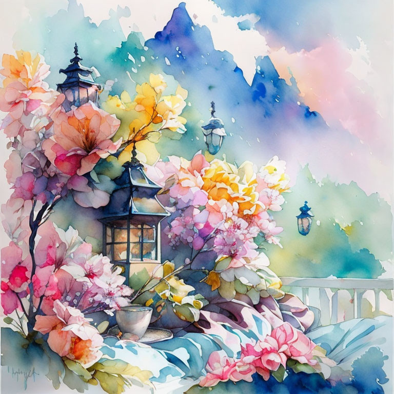 Whimsical watercolor painting of vibrant flowers and lanterns.