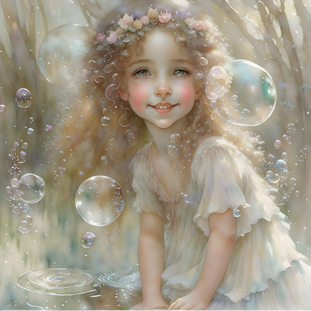 Young girl surrounded by bubbles in nature-inspired setting wearing flower crown.