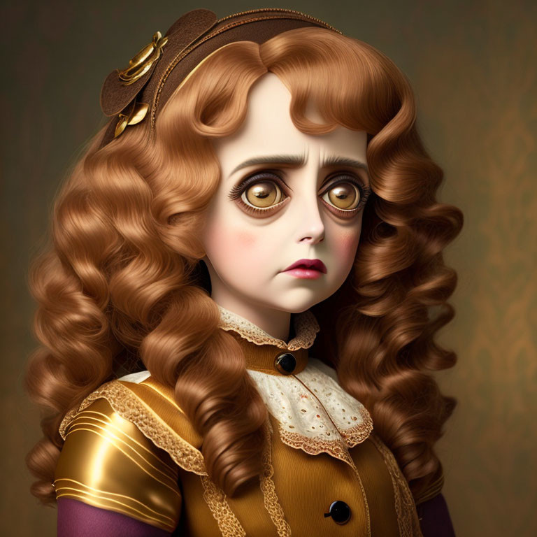 Character illustration: 3D stylized with big eyes, curly hair, Victorian dress & hat